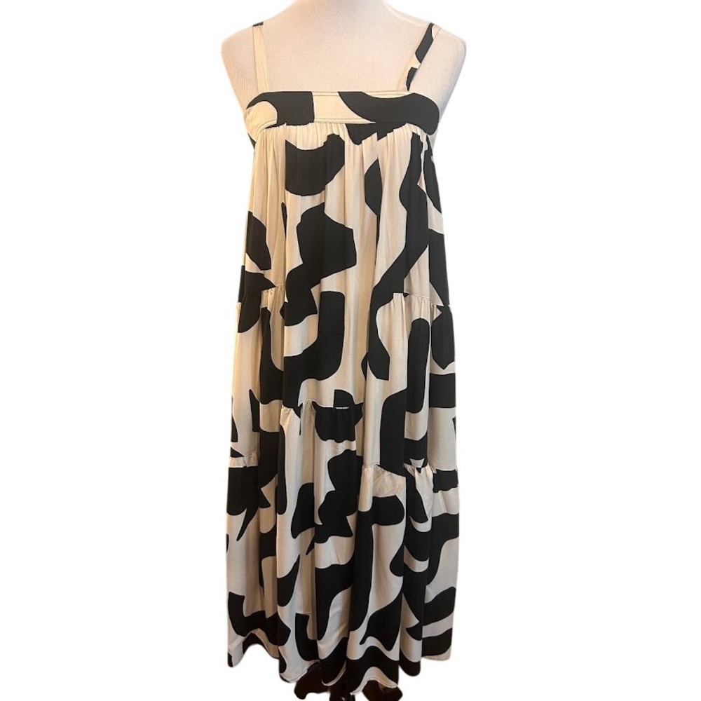 ATL Abel the Label Women Black White Abstract Print Tiered Maxi Dress Boho Small